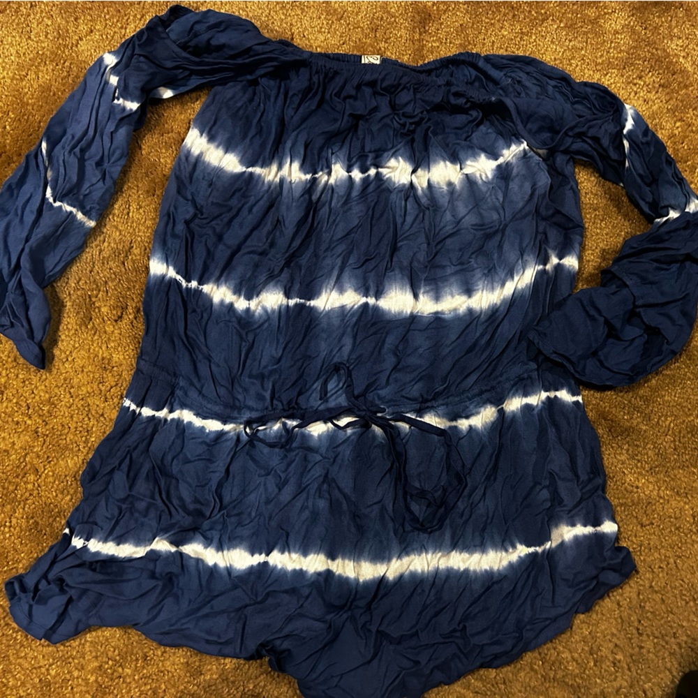 NWT Elan Anthropologie blue white tie dye off shoulder romper outfit